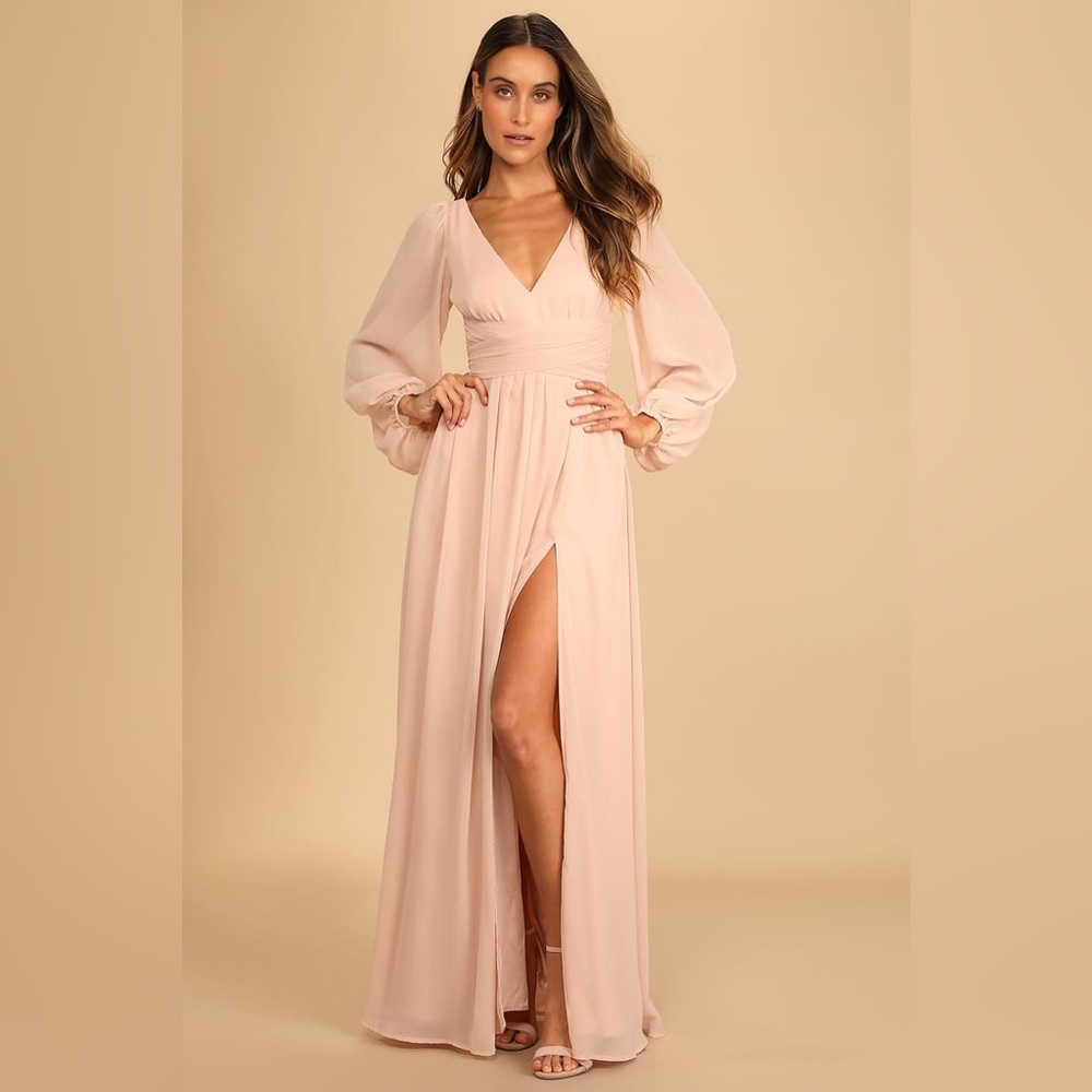 lulus Enchant My Love Blush V-Neck Long Sleeve Maxi Dress NWT